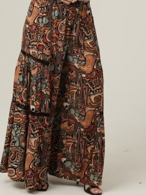 Angie western print wide leg pant with lace inserts